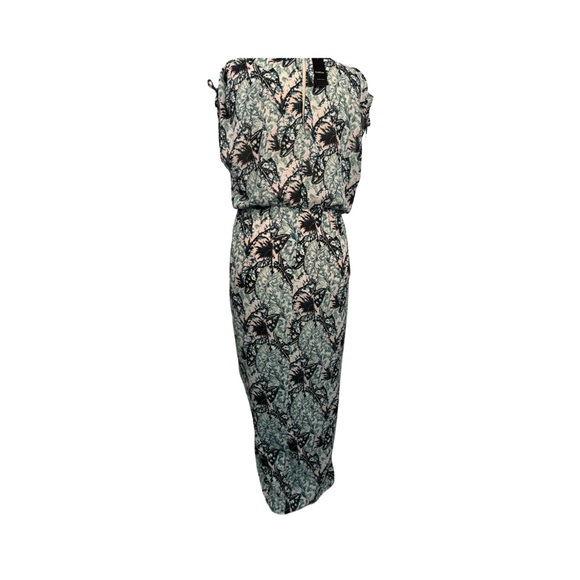 Bebe Shirred Print Dress With Ties. Size Large.  Leaf Print Navy Teal And Cream - Picture 7 of 12